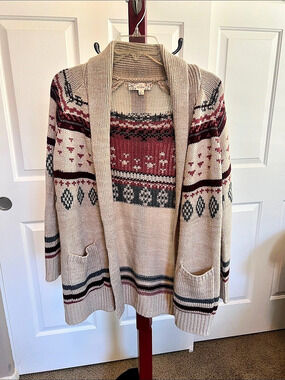 Pink Republic Aztec Geometric Open Front Cardigan Cream & Burgundy Large